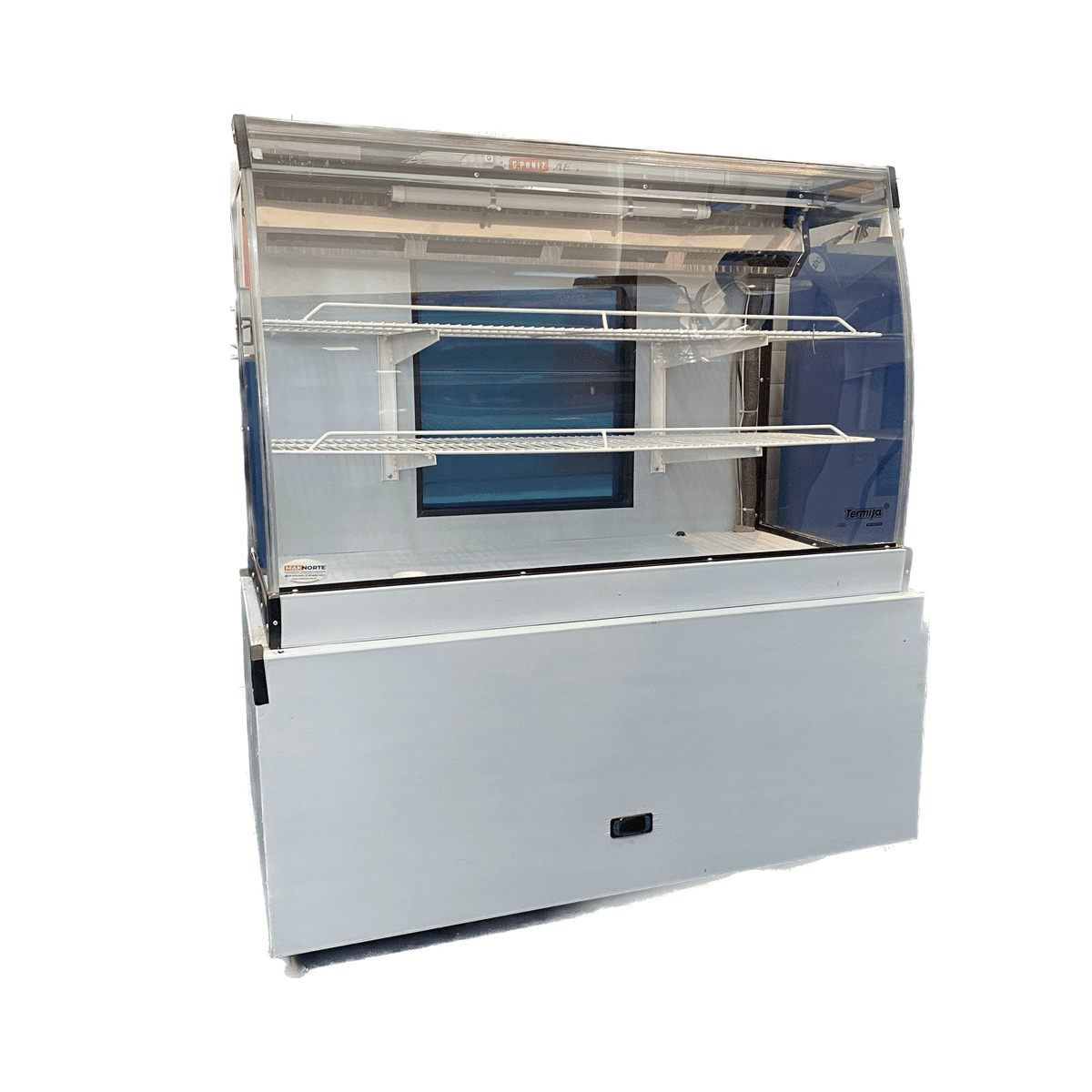 Balcão Expositor Refrigerado Termisa 1,20m Ar Forçado Inox BGMECP 1202 - Vista frontal com vidro curvo e prateleiras