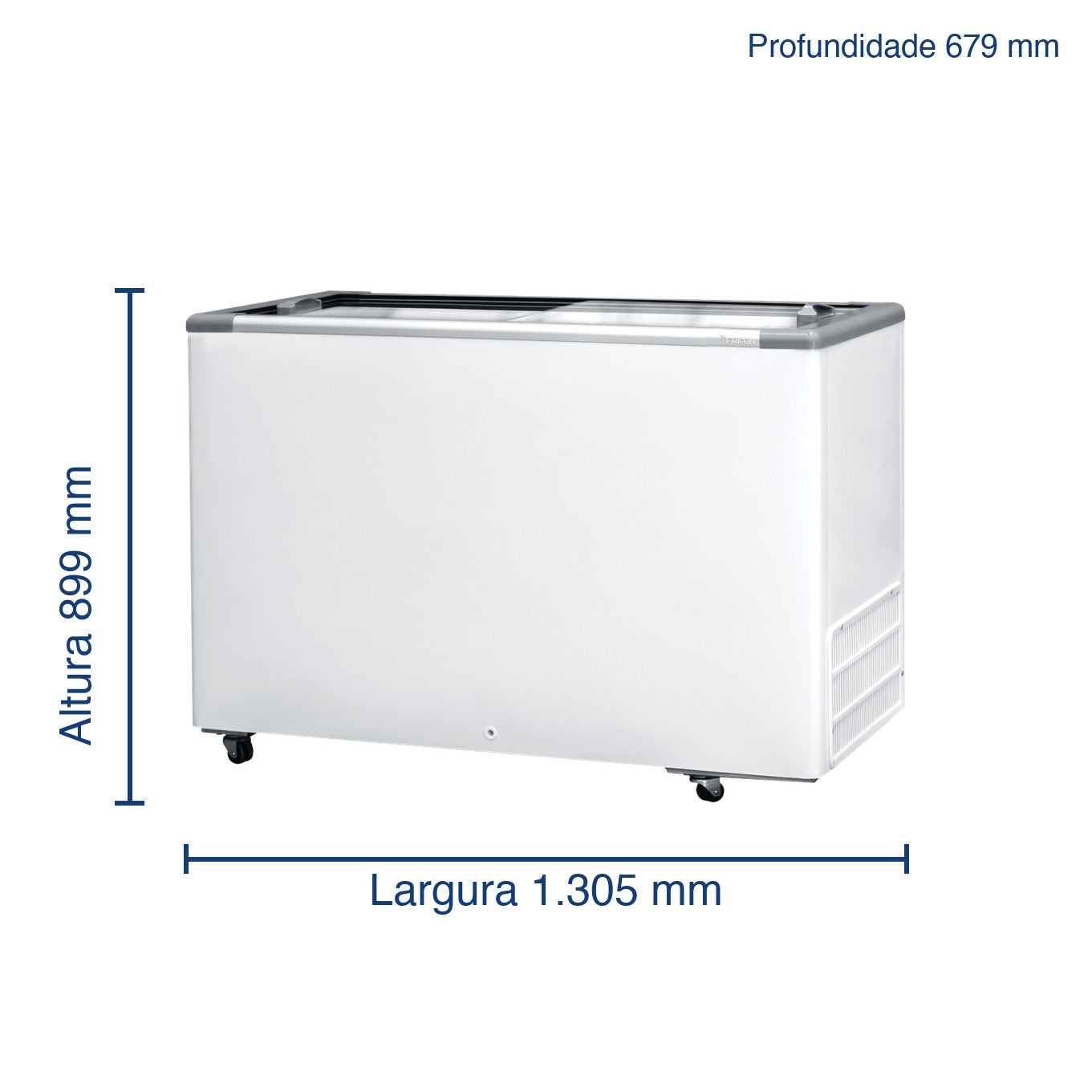 Dimensões do Fricon HCED 411 LED: largura 1.305 mm, altura 899 mm, profundidade 679 mm