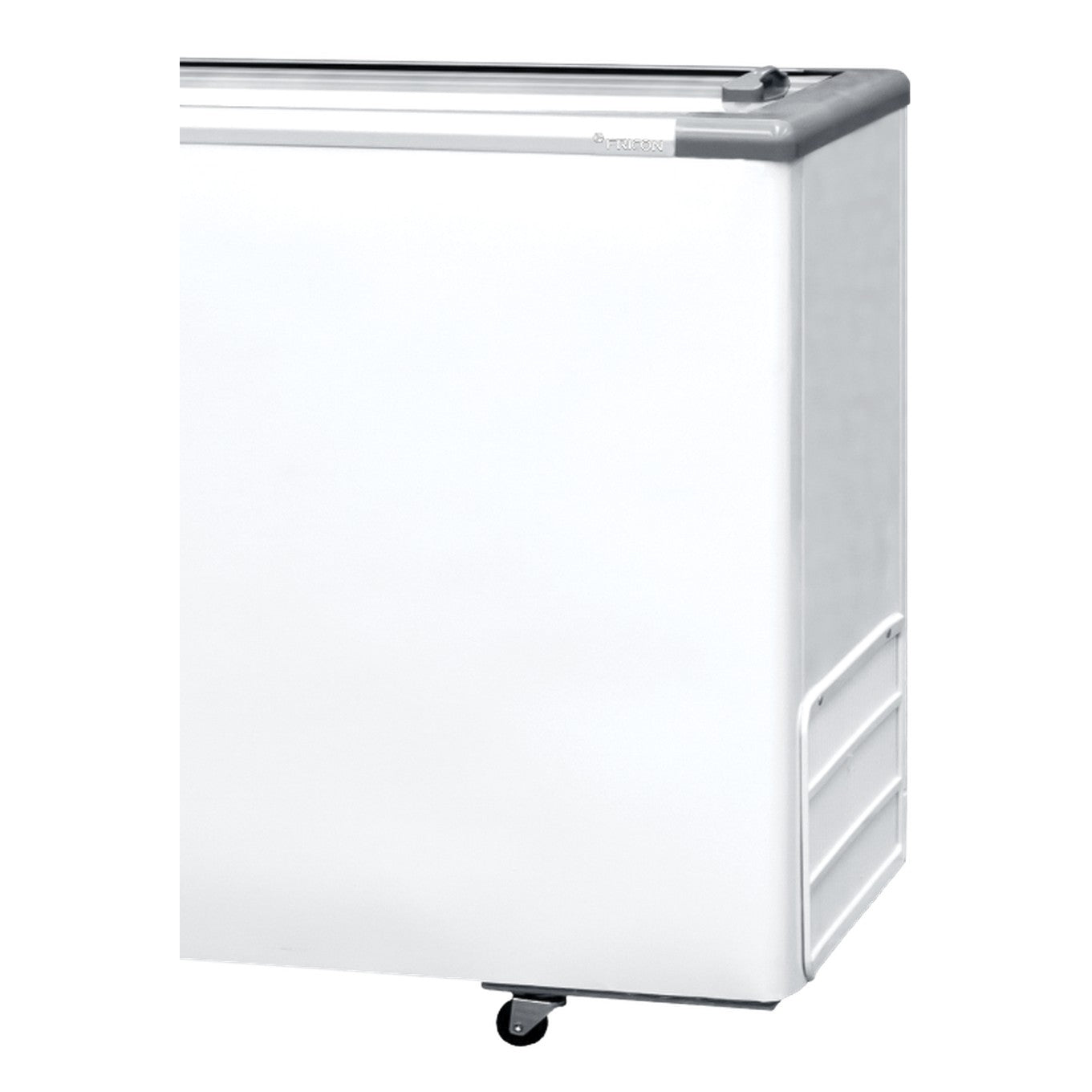 Lateral do Fricon HCED 503 LED com grade de ventilação e rodízios giratórios