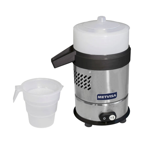 Extrator de Suco Profissional BIMG Metvisa ESP Inox — vista frontal com castanhas laranja e limão
