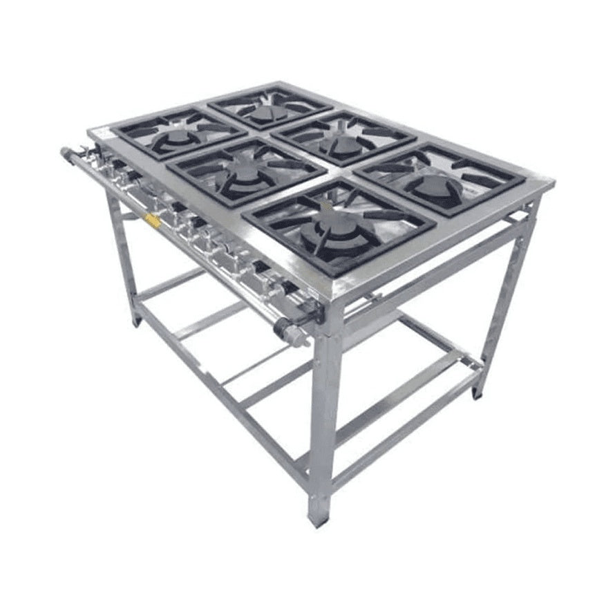 Fogao Industrial 6 Bocas 30x30 QS/QD Inox Luxo Cristal Aco GLP - Vista frontal profissional