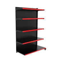 Gôndola New Plus preta 40cm 5 níveis — detalhe colunas e bandejas sistema modular