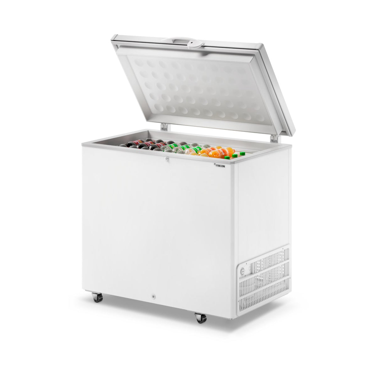 Freezer horizontal Fricon HCED 311 C aberto com produtos
