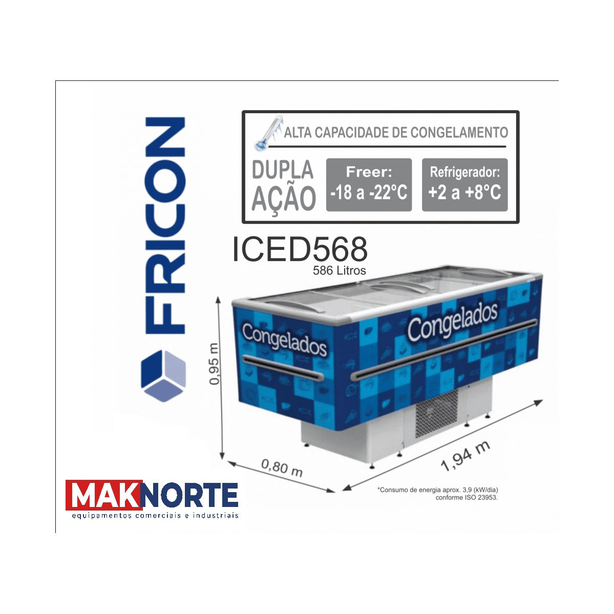 Ilha Expositora Fricon ICED 568 V Azul 568L 220V para supermercado e sorveteria - vista 6