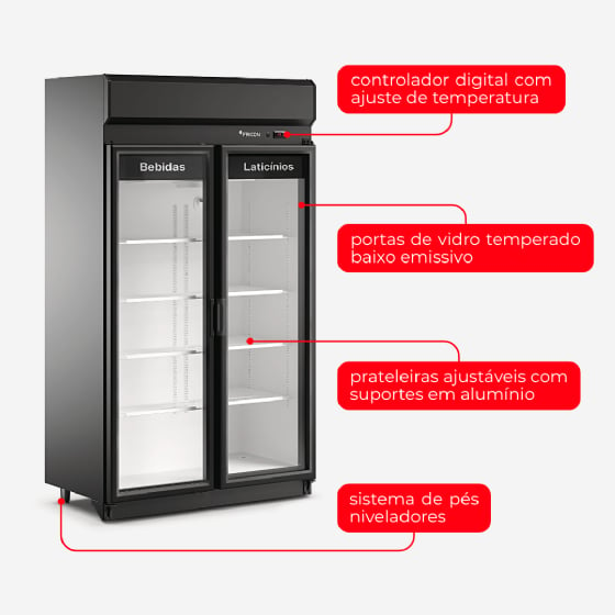 Expositor Auto-Serviço Fricon ACFM 785 Total Black 220V — Refrigerador Vertical Comercial 869 Litros 2 Portas de Vidro para Supermercado