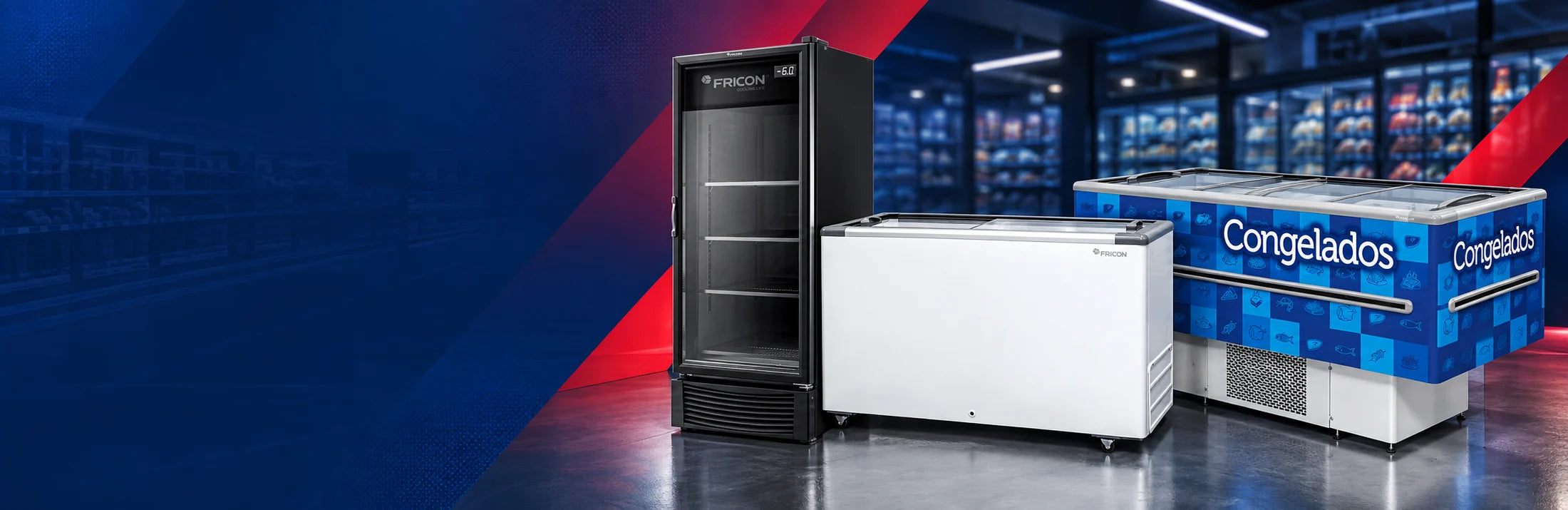Cervejeira, freezer horizontal e ilha de congelados em operação comercial